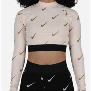 Nike Women's baby pink and Gold Long Sleeve Crop Top